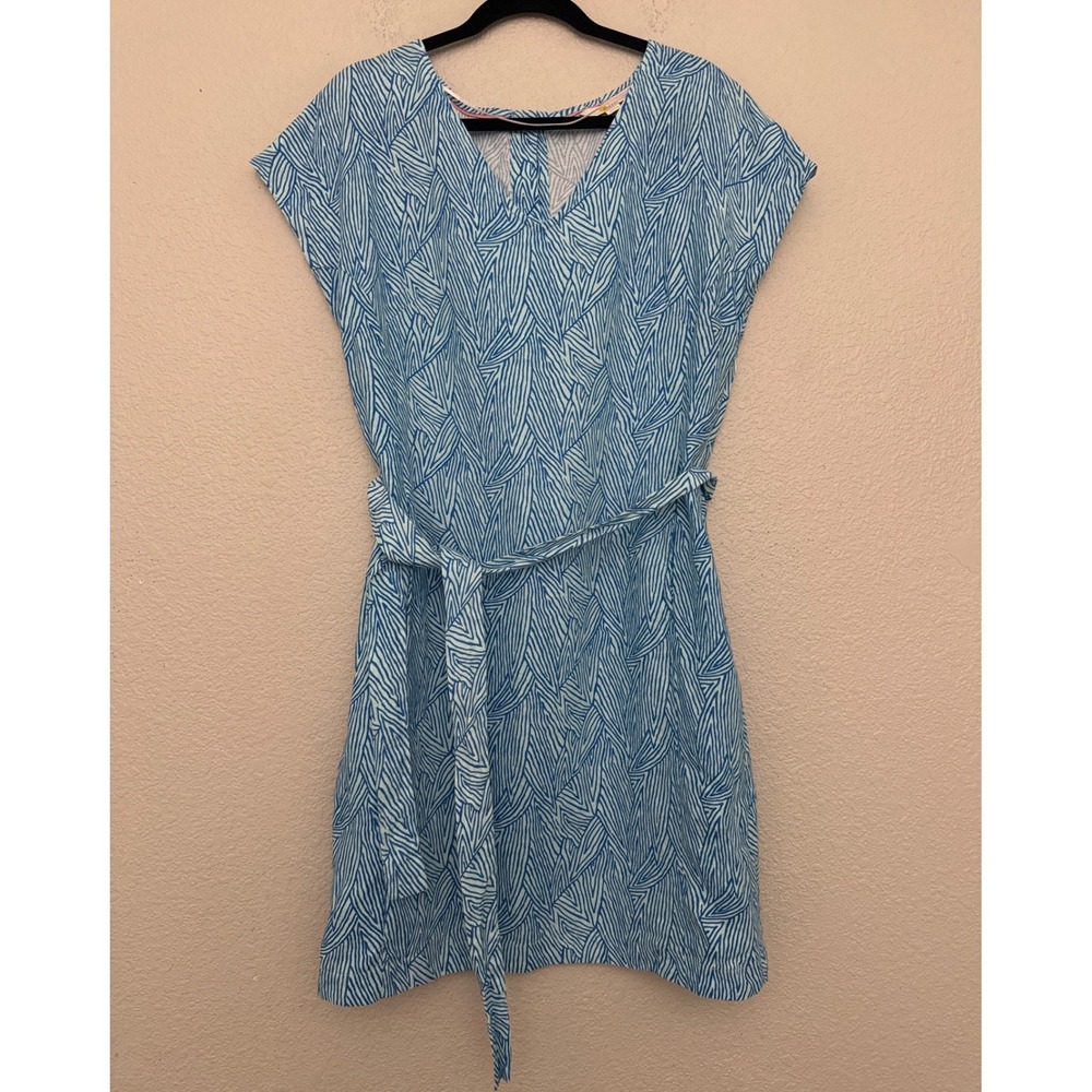 Boden Lara Dress 100% Linen Blue Print Belted V-Neck Size 10L